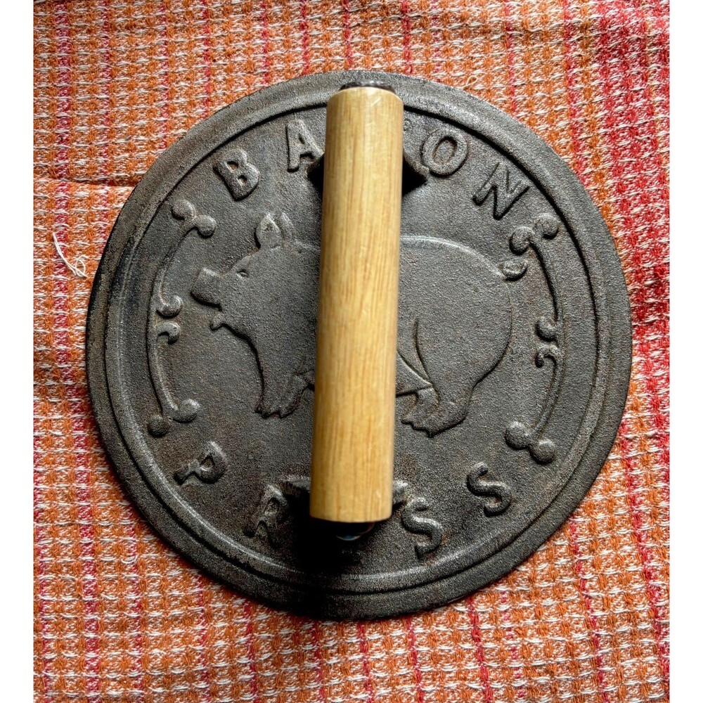 Vintage Round Cast Iron Bacon Press 7.5" Pig Wood Handle Farmhouse Grill